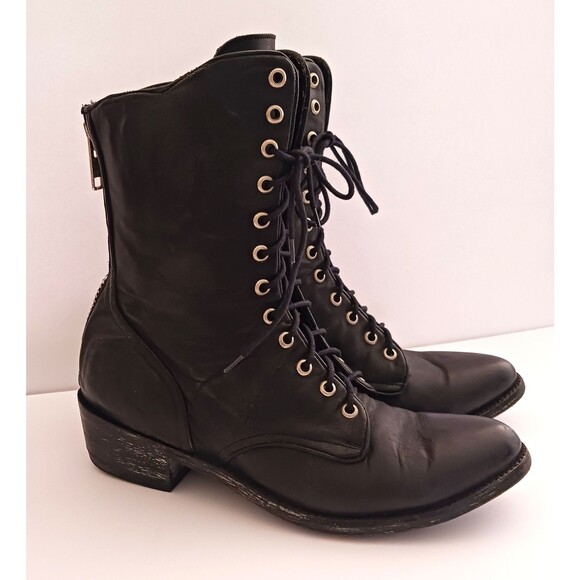 Old Gringo Blk Leather Combat Boot Lace Up Silver Back Zip 9.5M Made in Mexico - Picture 2 of 16